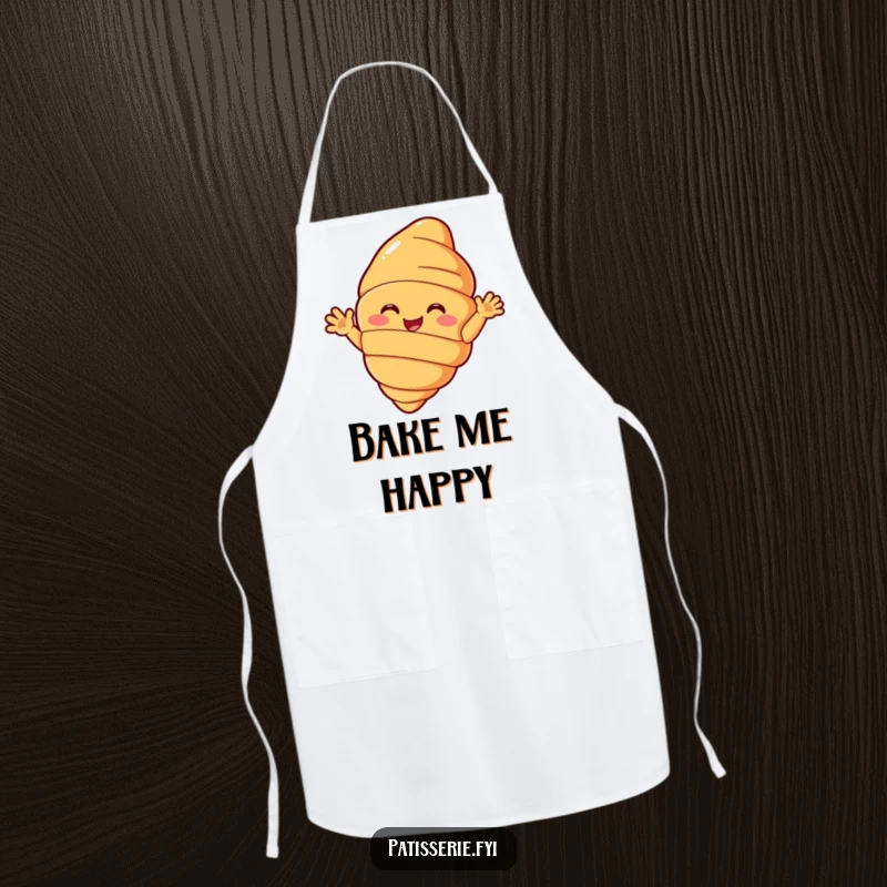 Funny croissant apron depicting a beaming pastry character with small arms enthusiastically waving hello, great for a cheerful cook.