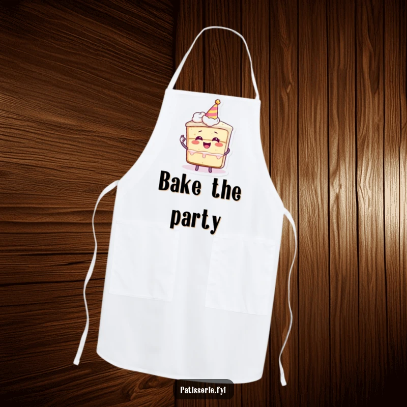 Funny apron featuring a slice of cake character giggling, holding a miniature party hat, perfect for a fun and festive cooking experience.