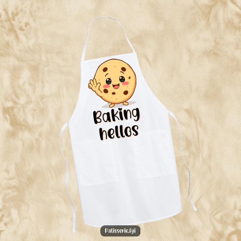 Funny Apron: A smiling cookie character enthusiastically waving, bringing cheerful greetings and sweet fun to your kitchen attire.