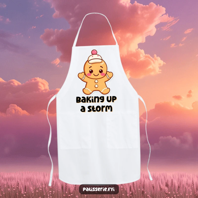 Funny gingerbread cookie apron with a smiling character waving hello, sporting a jaunty cap, ideal for a cheerful cooking experience.