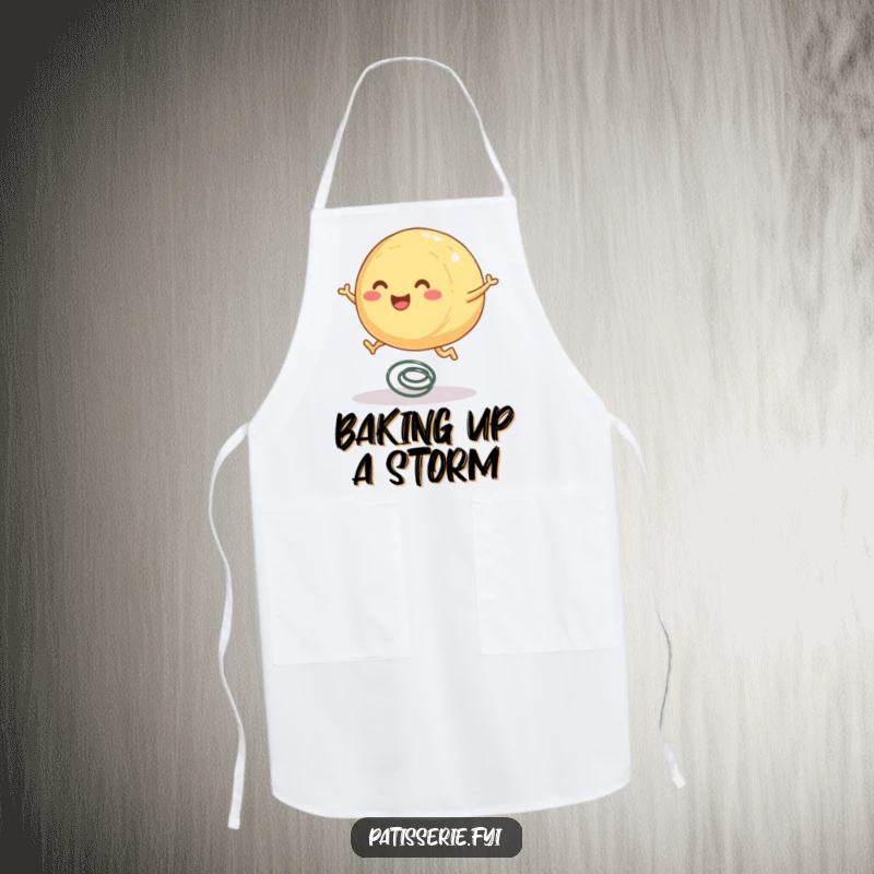 Funny pastry apron showing a round, smiling pastry character with tiny legs joyfully jumping on a spring.