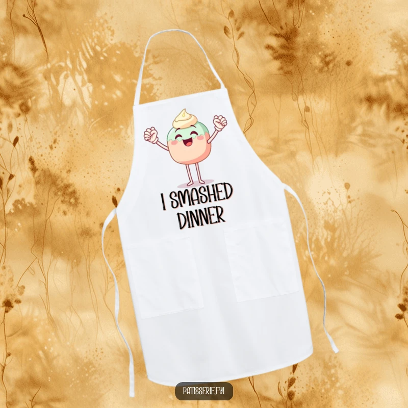 Funny apron designed with a joyous cake pop character, legs pumping the air in a victorious fist pump, ready to bake.