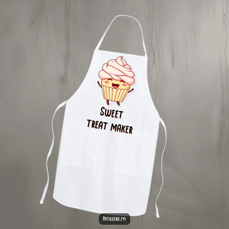 Funny apron featuring a smiling cupcake with frosting hair leaping enthusiastically, ready for kitchen adventures.