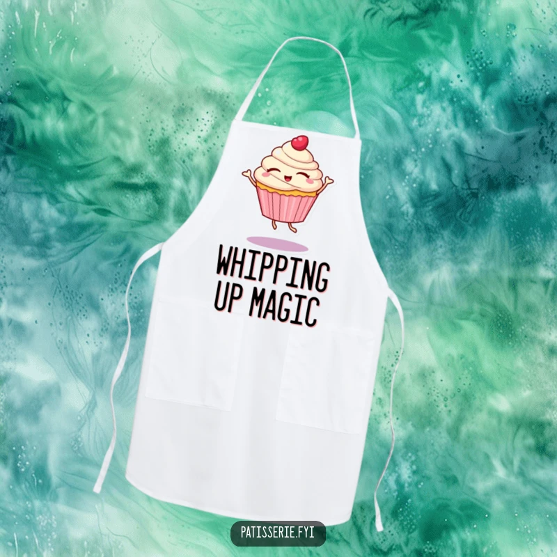 Funny apron featuring a cupcake character with eyes closed, spinning in a delightful dance, perfect for a fun and joyous baking experience.