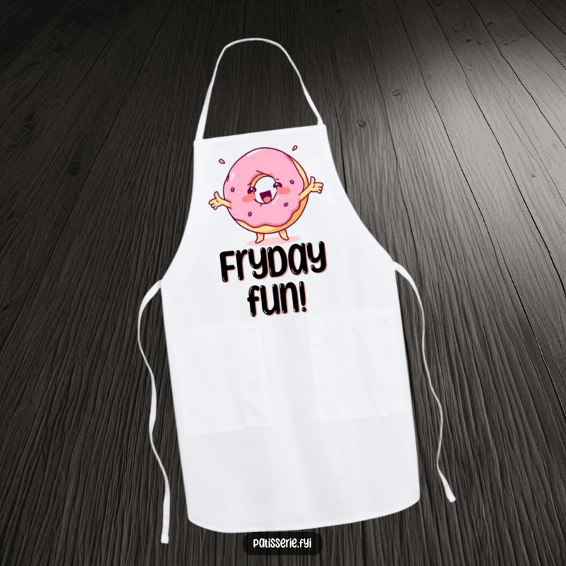 Funny delighted donut apron showing a spinning treat character with outstretched arms, ideal for a baker.
