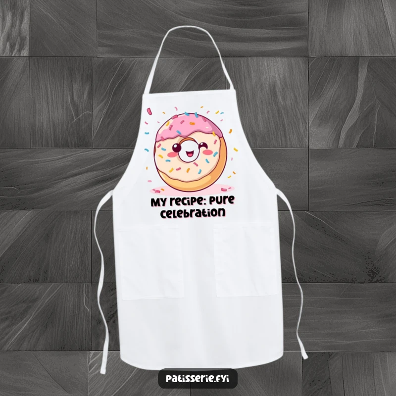 Funny donut apron showing a happy, sprinkle-covered pastry throwing confetti, perfect for a festive cooking experience.
