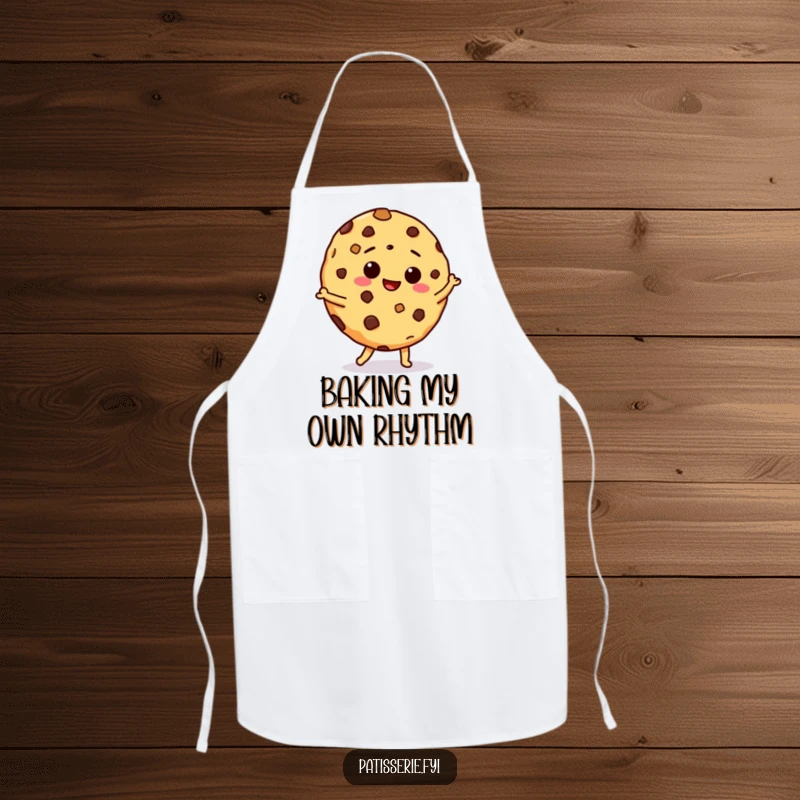 Funny apron featuring a giddy chocolate chip cookie doing a silly dance, ideal for kitchen use and adding humorous flair.