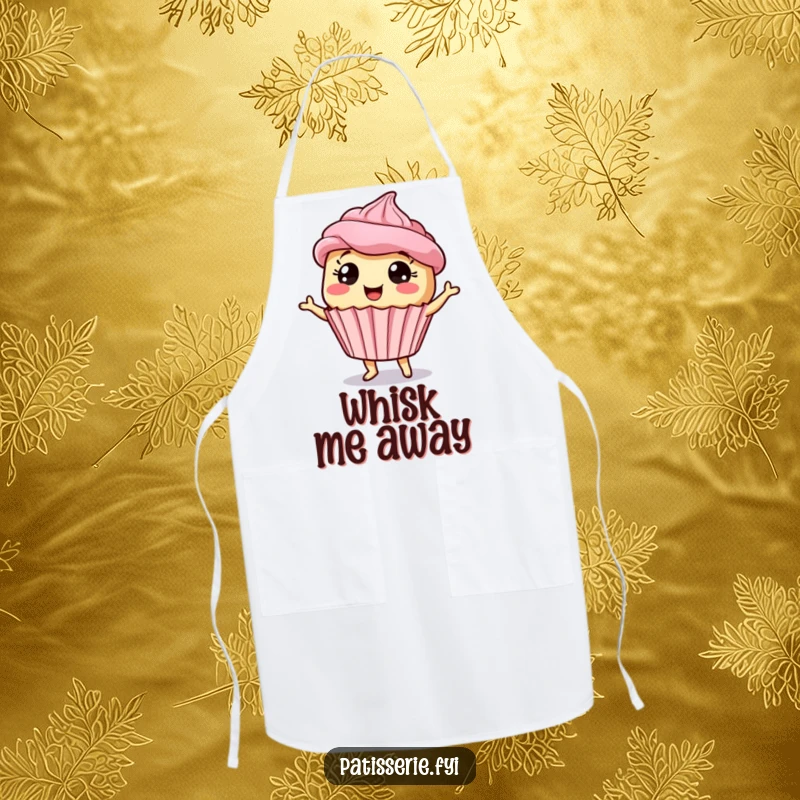 Funny giddy cupcake apron showing a dancing dessert character with wide eyes, ideal for a fun-loving cook.
