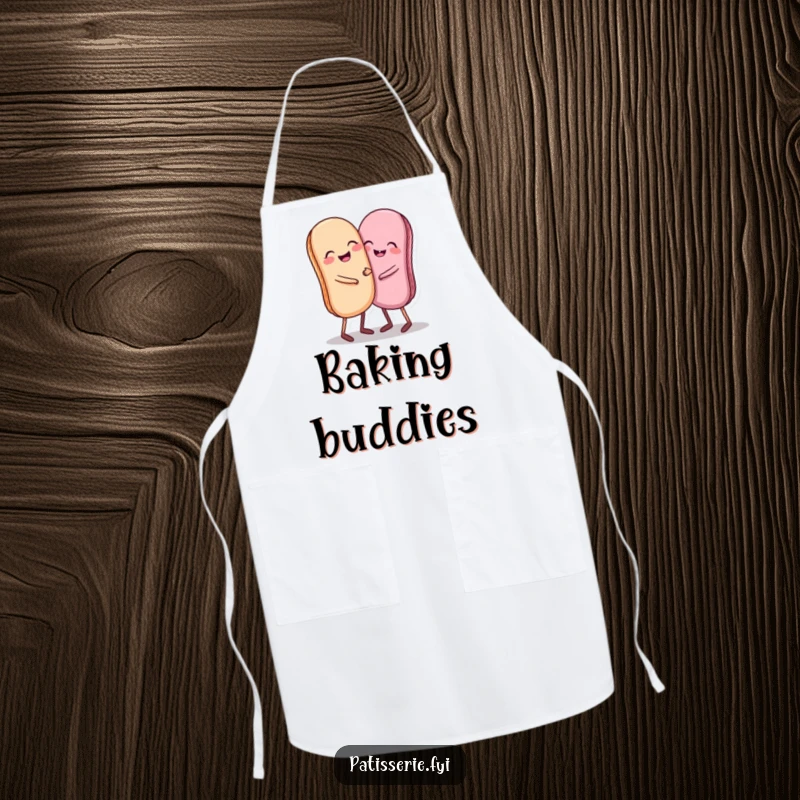 Funny apron featuring a giggling pair of macarons with tiny legs hugging each other, ideal for bakers.