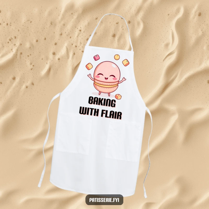 Funny Macaron Apron: A winking macaron juggles sugar cubes while baking, ready for funny culinary feats.