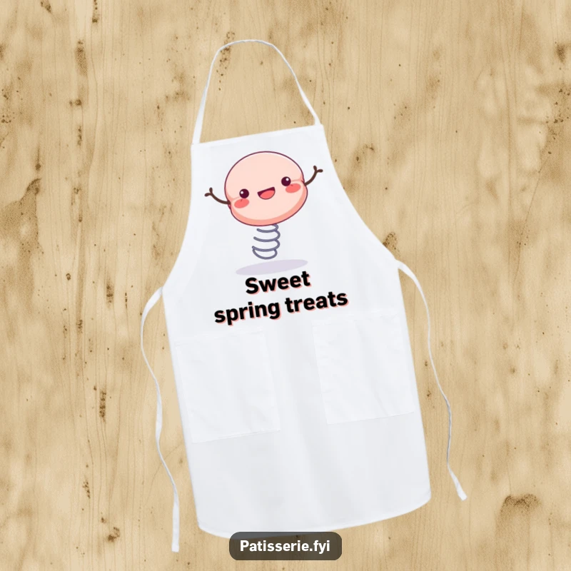 Funny apron featuring a cheerful macaron bouncing enthusiastically on a spring, ready for kitchen adventures.