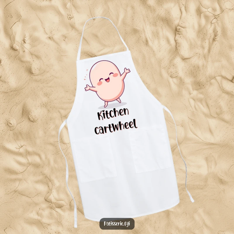 Funny Macaron Apron: A happy, round macaron character performing a joyful cartwheel, ideal for keeping clothes clean while cooking with sweet amusement.