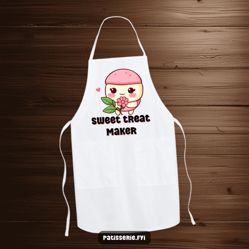 Funny macaron character with rosy cheeks blushing and holding a flower, on a fun apron for bakers who love humor.