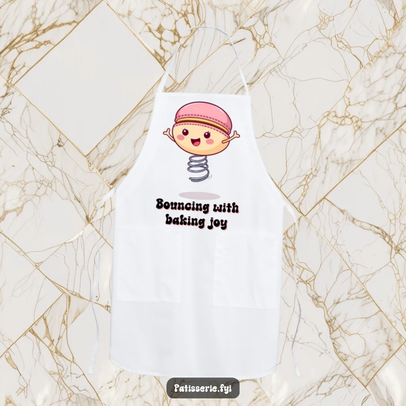 Funny macaron apron showing a happy cookie bouncing on a spring, perfect for a cheerful and energetic cooking experience.