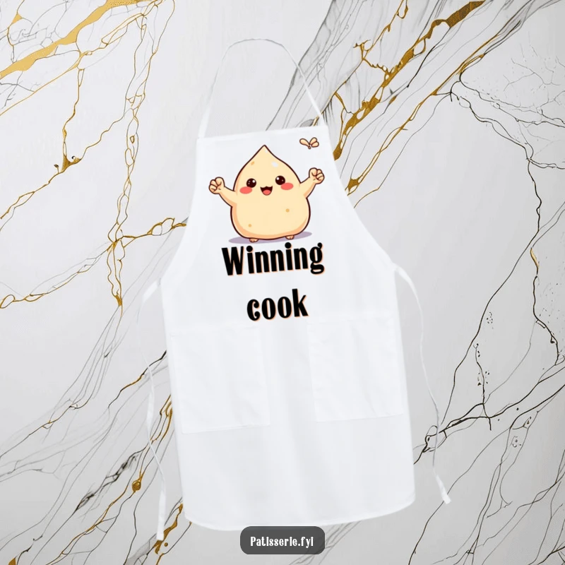 Funny proud samosa apron, pumping tiny fists in the air, celebrating victory, motivational kitchen wear, perfect for chefs.