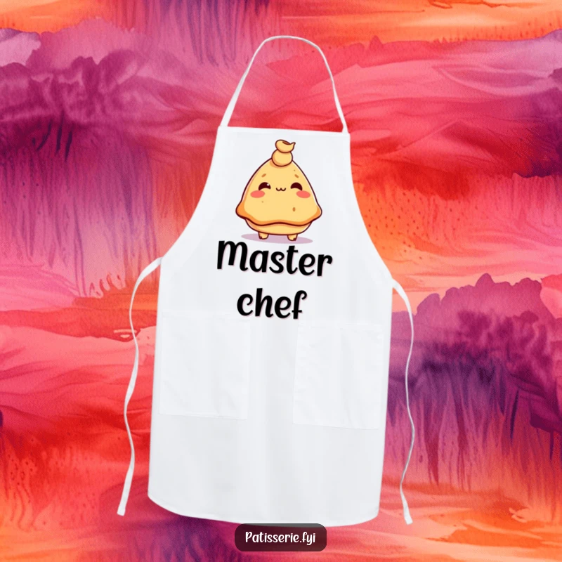 Funny samosa apron, mischievous, balancing a chickpea on its nose, witty kitchen wear, perfect for cooking.