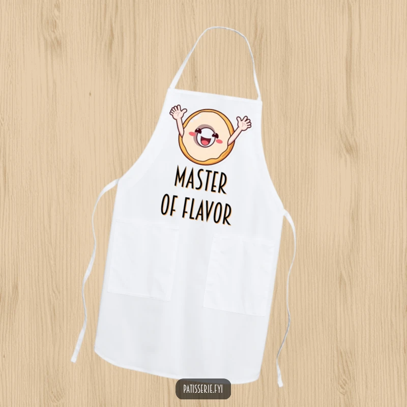 Funny apron featuring a smiling donut character with arms outstretched, cheering enthusiastically, perfect for a fun and joyous baking experience.