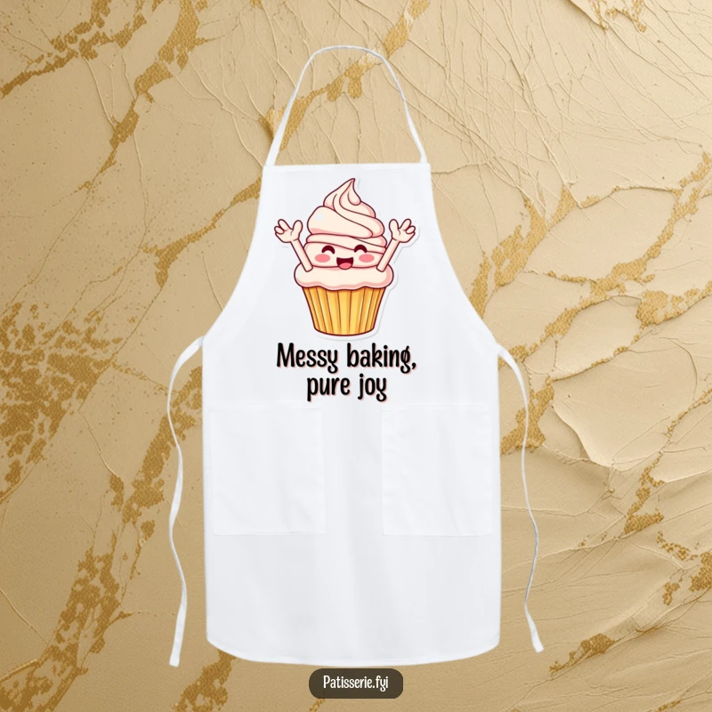 Funny Cupcake Apron: A smiling cupcake flinging frosting while baking, ready for funny kitchen adventures.