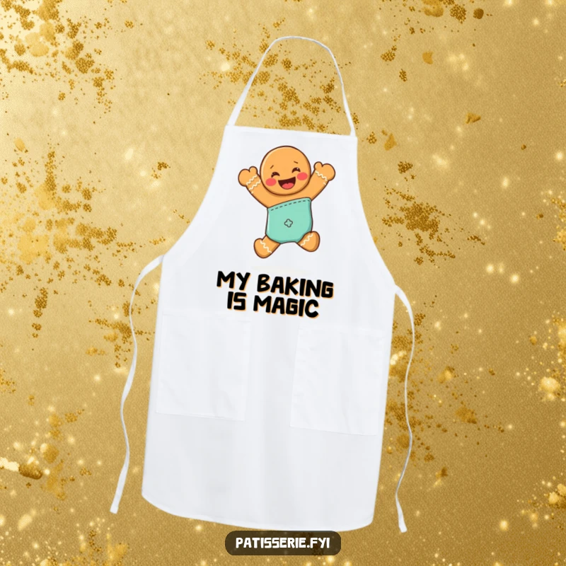 Funny apron showing a grinning gingerbread man leaping joyfully from an oven mitt, perfect for kitchen fun.