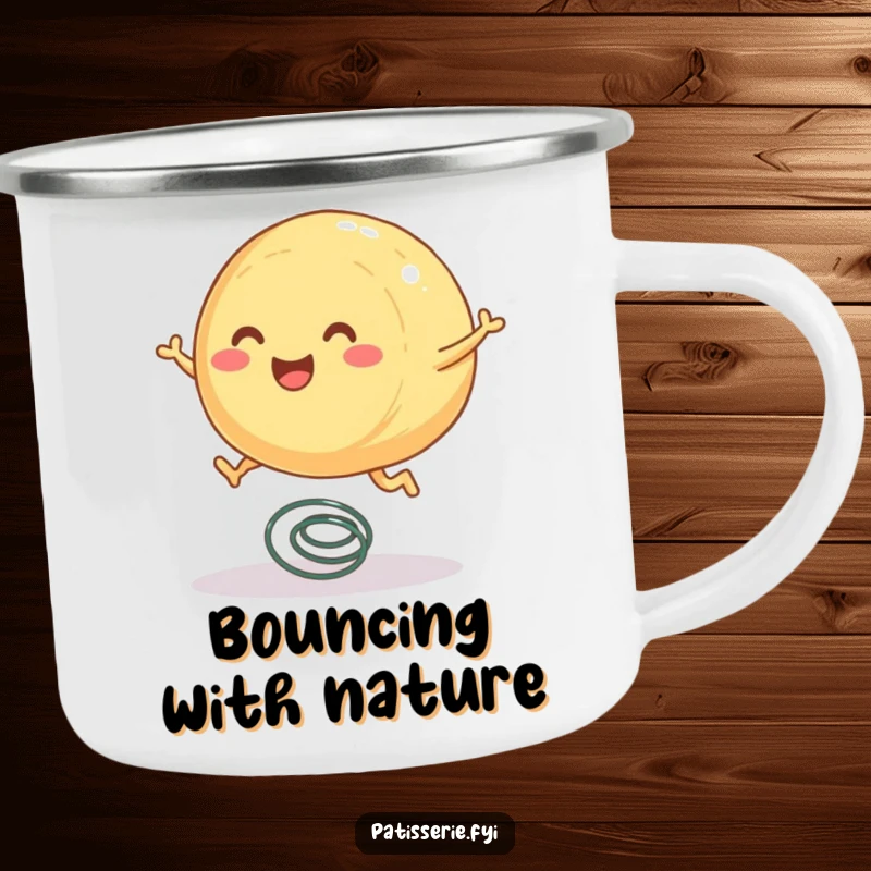 Funny pastry camping mug with a round, smiling pastry character with tiny legs joyfully bouncing on a spring.