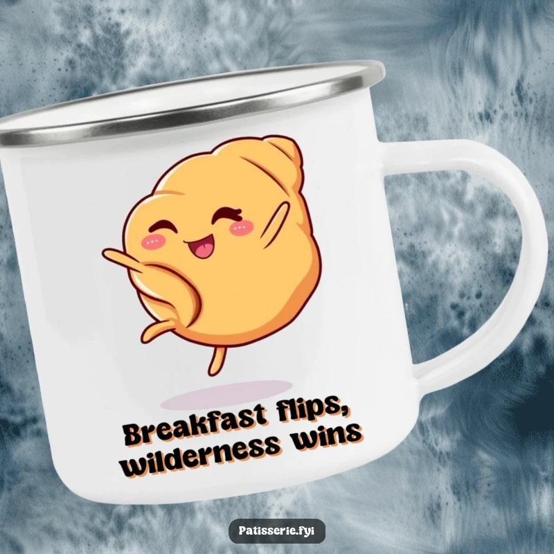 Funny croissant camping mug showing a winking pastry doing a cartwheel, perfect for humorous outdoor coffee breaks.