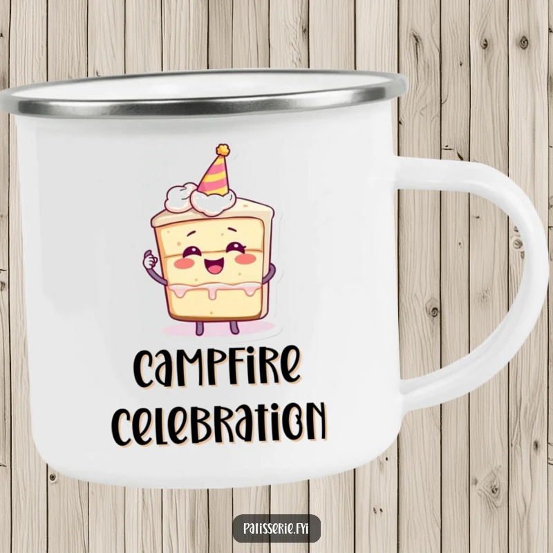 Funny camping mug with a slice of cake character giggling, holding a miniature party hat, perfect for cheerful outdoor sipping.