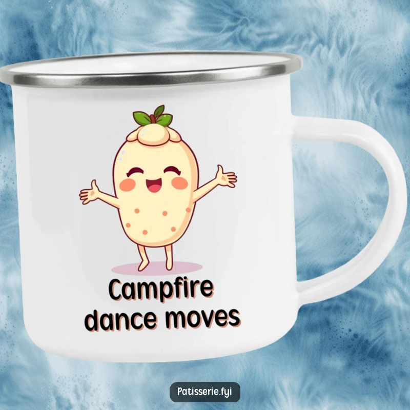 Funny camping mug with a giggling tart character doing a silly dance with arms spinning, ready for outdoor enjoyment.