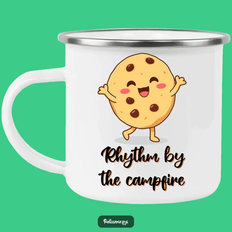 Enjoy your campfire brew with a dance! This mug features a cookie doing a silly dance. Your perfect adventure companion.