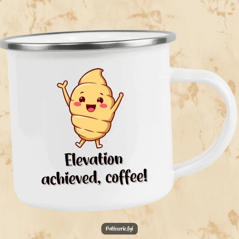 Funny camping mug with a smiling croissant character joyfully jumping with one arm raised, ready for outdoor enjoyment.