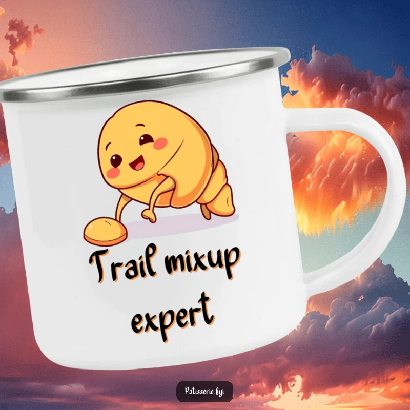 Funny Croissant Camping Mug showing a smiling croissant character tripping, perfect for enjoying beverages during outdoor breakfast adventures.