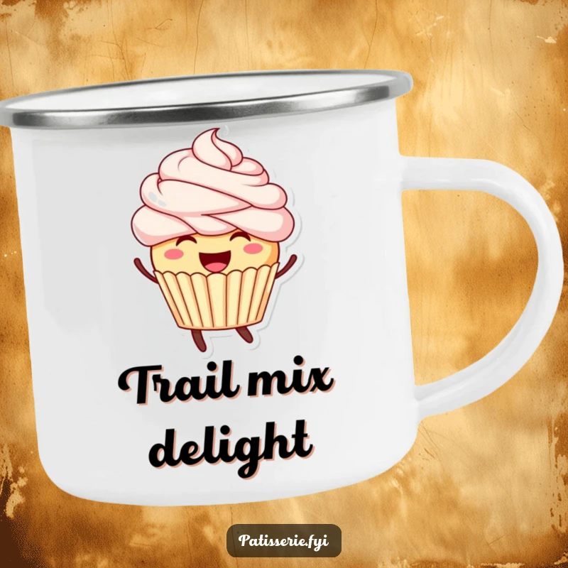 Funny, sturdy camping mug featuring a smiling cupcake with frosting hair leaping joyfully, ideal for outdoor use.