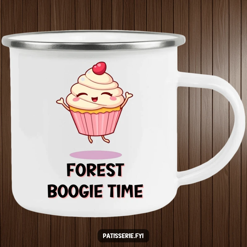 Funny camping mug with a cupcake character with eyes closed, spinning in a delightful dance, perfect for cheerful outdoor sipping.