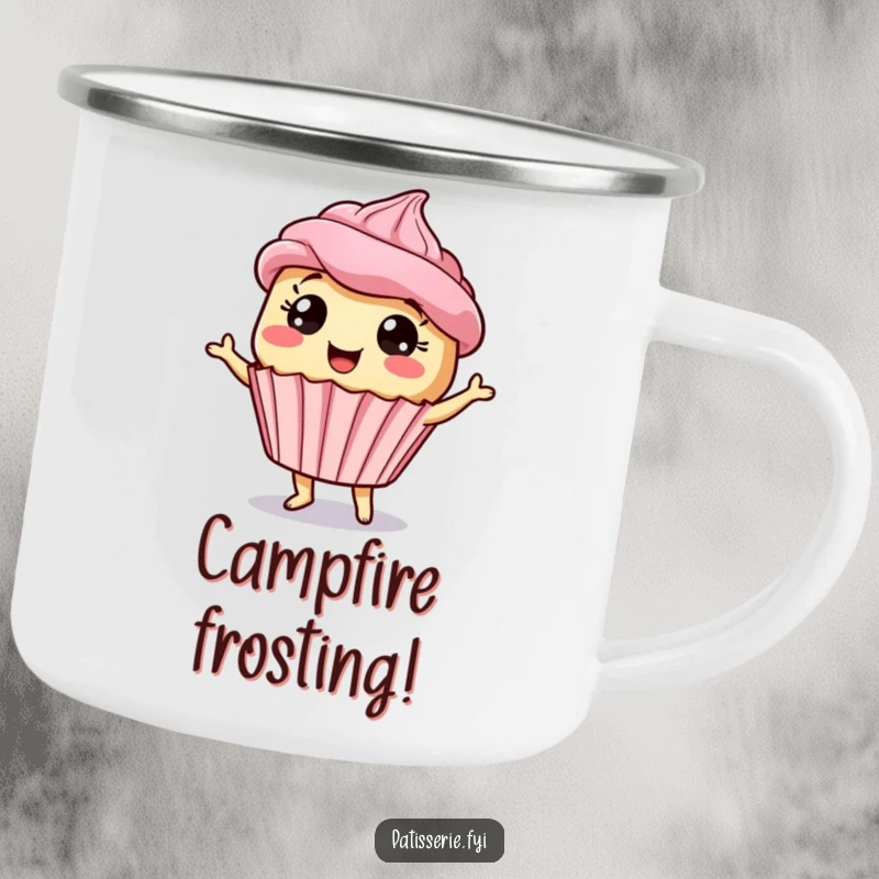 Funny giddy cupcake camping mug featuring a dancing dessert character with wide eyes, ideal for outdoor enjoyment.