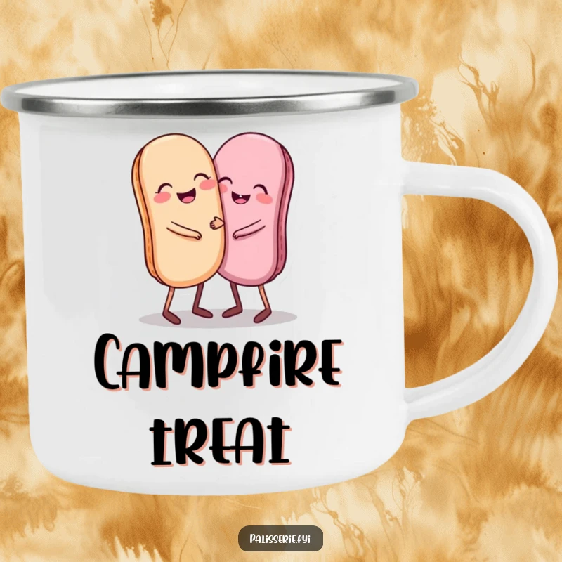 Funny camping mug featuring a giggling pair of macarons with tiny legs hugging each other, ready for adventure.
