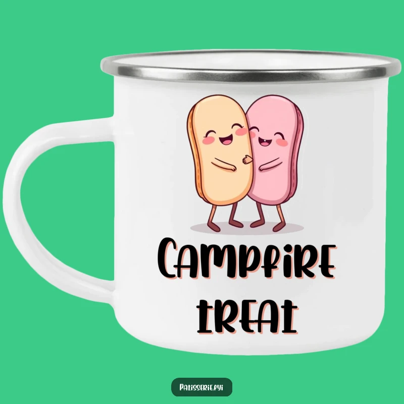 Funny Giggling Macaron Camping Mug, Hugging Sweet Treat Outdoor Gift