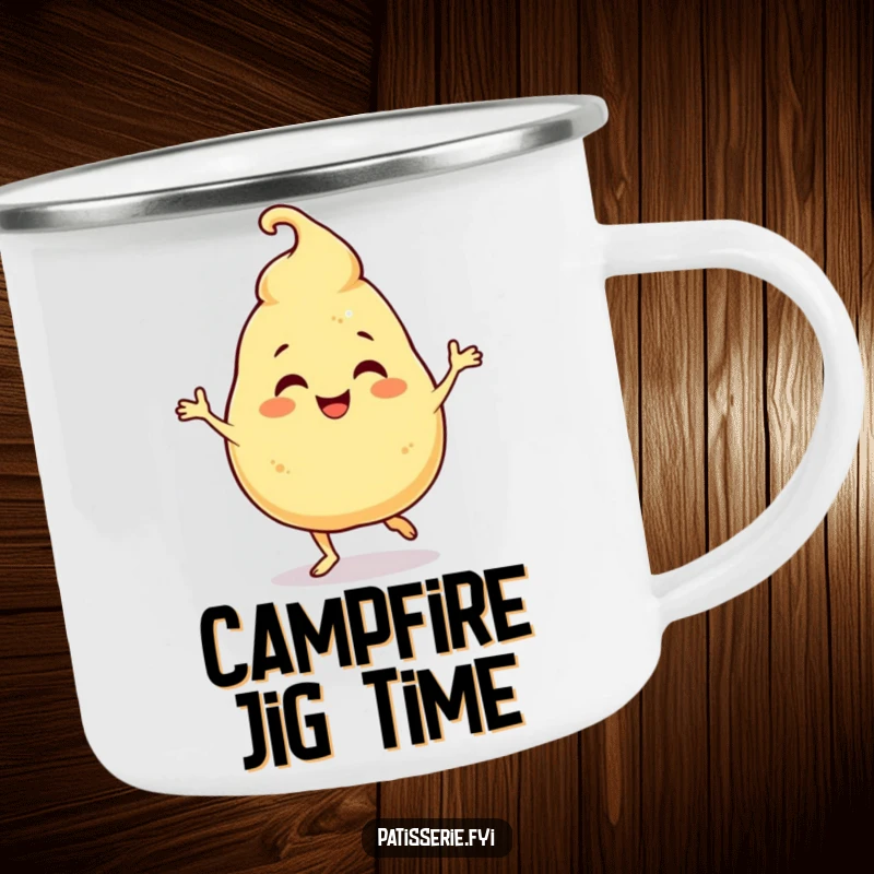 Funny Camping Mug: A giggling profiterole character humorously doing a jig, perfect for outdoor sweet enjoyment.