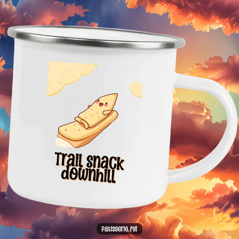 Funny Camping Mug depicting a jolly samosa sliding down a pita bread ramp, ready for outdoor adventures and snack time.