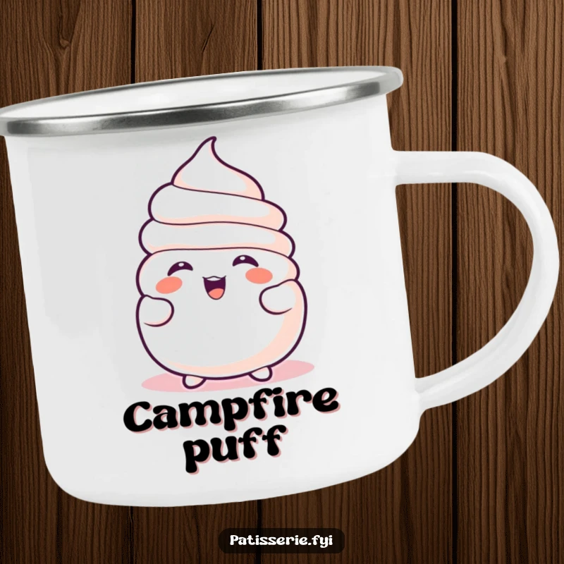 Funny Meringue Camping Mug features a happy, deflated meringue character laughing infectiously, designed for outdoor adventures and humor.