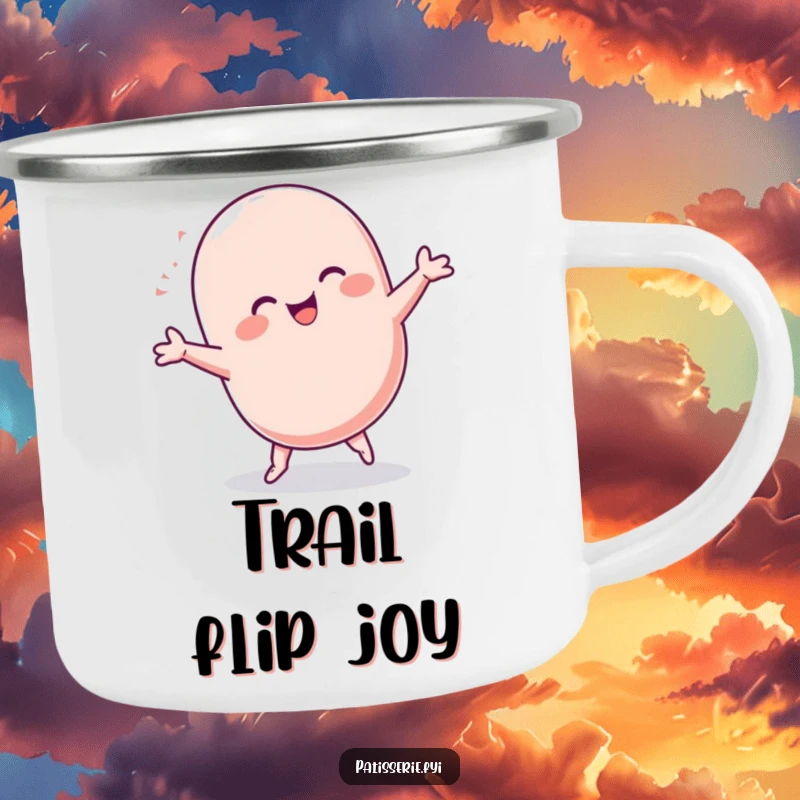 Funny Macaron Camping Mug: A happy, round macaron character doing a joyful cartwheel, ready for outdoor adventures with a sweet, baked spirit.