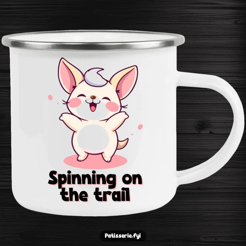 Funny Petit Four Camping Mug with a giggling little cake spinning, perfect for outdoor enjoyment and a funny gift.