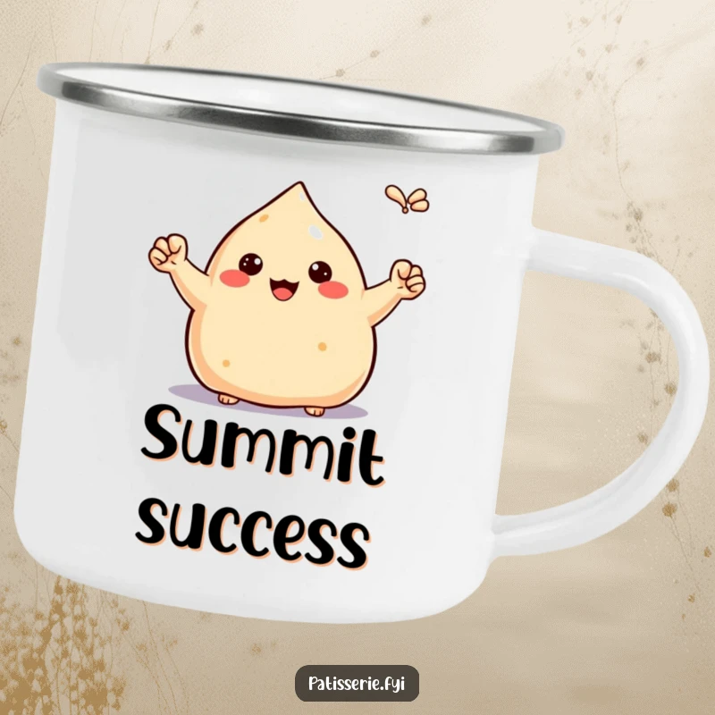 Funny proud samosa camping mug, pumping tiny fists in the air, celebrating victory, durable and motivational, for outdoor wins.