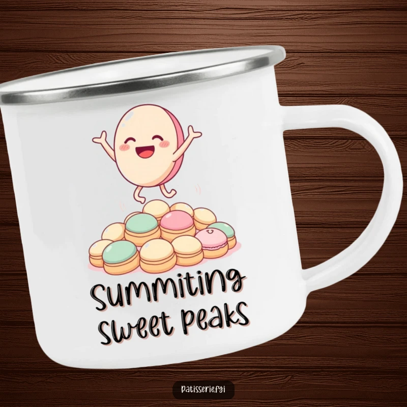 Funny macaron camping mug featuring a happy macaron character leaping joyfully over cream puffs, perfect for outdoor drinks.