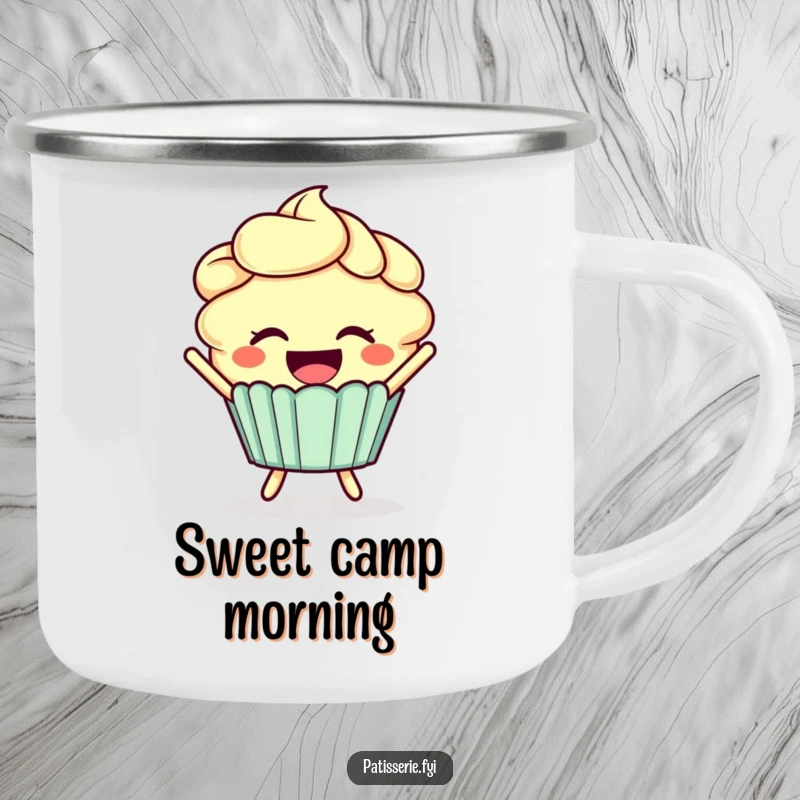 Funny cupcake camping mug showing a smiling cupcake with frosting hair joyfully leaping.