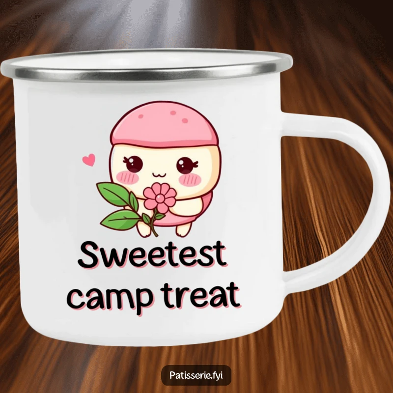 Funny macaron character with rosy cheeks blushing and holding a flower, perfect for a durable camping mug.