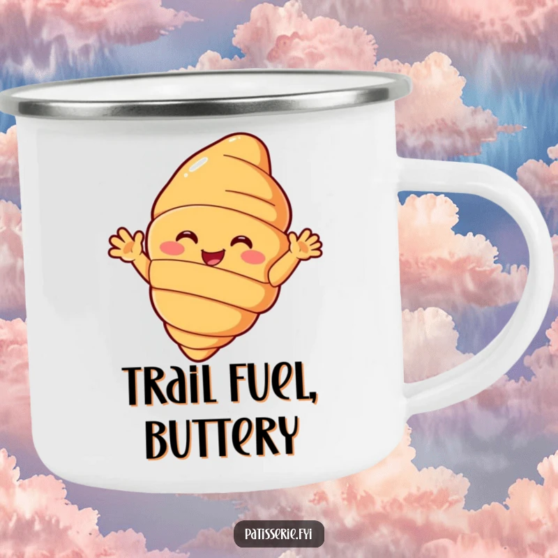Funny croissant camping mug featuring a happily beaming pastry character with small arms waving hello, perfect for outdoor fun.