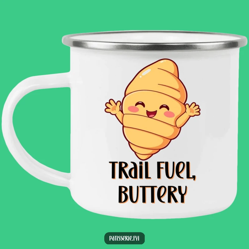 Funny Croissant Camping Mug - Waving Pastry, Perfect Outdoor Funny Gift