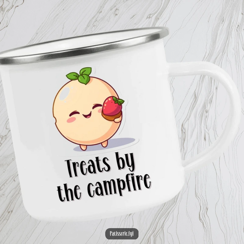 Funny macaron bird camping mug, winking macaron character, offering tart, outdoor cup, humorous sweet design, adventure accessory.
