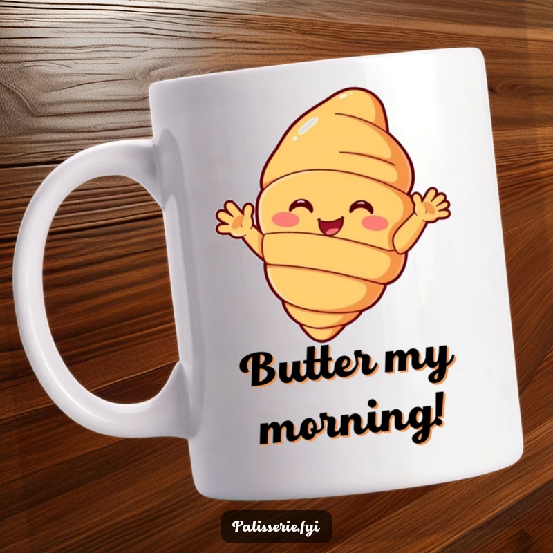 Funny croissant mug with a beaming pastry character enthusiastically waving hello with its small arms, perfect for a cheerful morning gift.