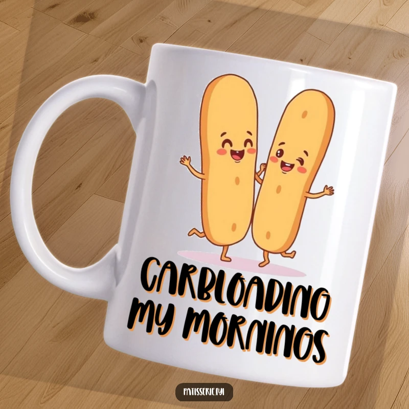Funny baguette mug featuring a happy character doing a silly dance with a breadstick partner, full of joy.