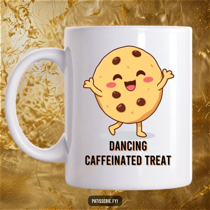 Funny cookie mug featuring a happy, chocolate chip-laden cookie performing a goofy, energetic dance.